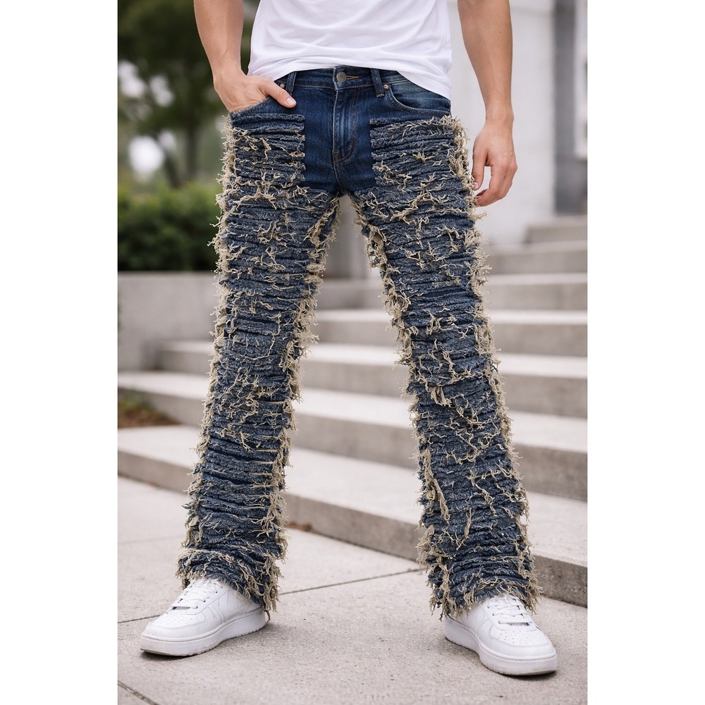 KDNK Mens Distressed Shredded Frayed stacked Denim Jeans Blue Size 32 Streetwear